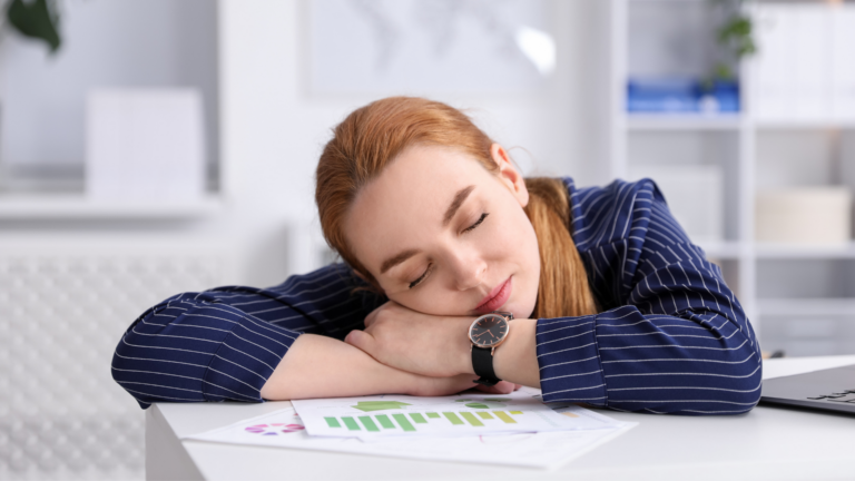 Professional female leader feeling tired and drained from work questioning her work and life balance